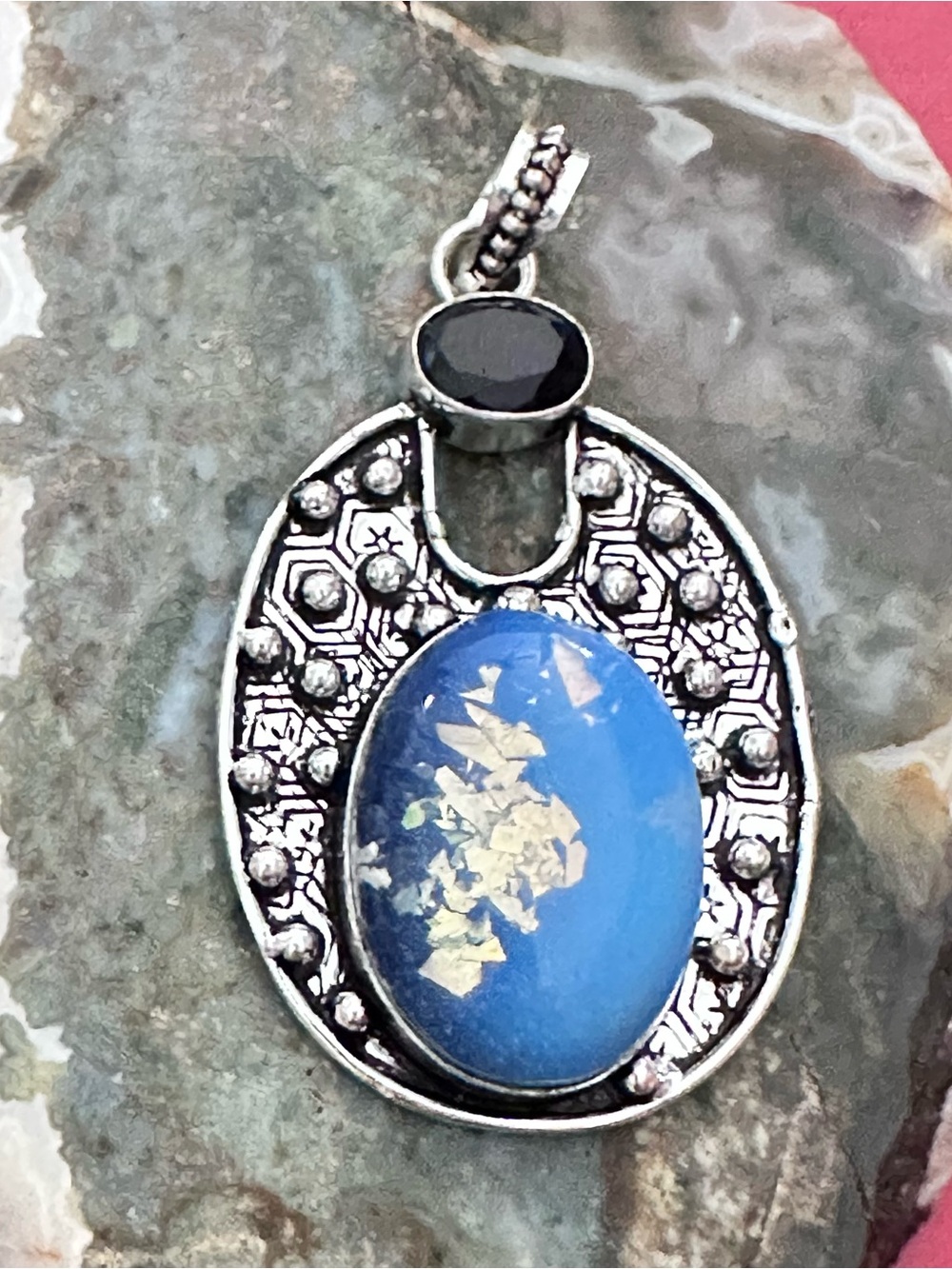 Handcrafted OPALITE, Sea Opal, Glass Artisan Silver-Tone Blue Oval Opal Pendant